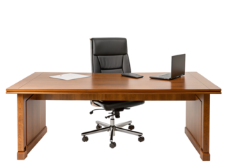 Elegant executive office desk setup with modern chair, laptop, and accessories for productive work