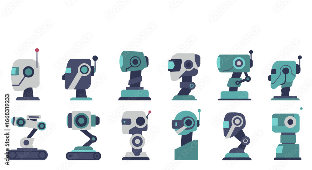 Poster retro futuristic robot icons in flat design for modern tech interfaces