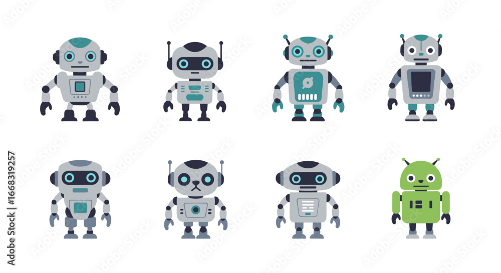 Poster cute cartoon robots collection in flat style with various designs and expressions