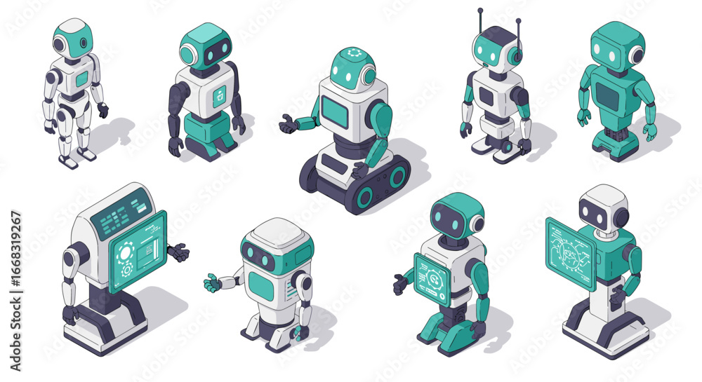 Poster Diverse robots set featuring isometric designs with futuristic interfaces