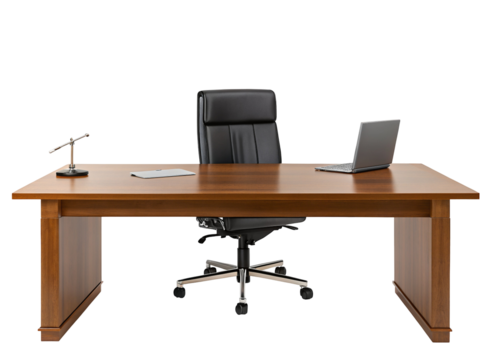 Modern executive office desk setup with laptop and chair for professional workspace interior design