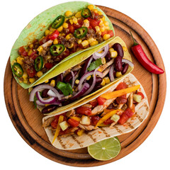 Delicious Variety of Tacos Served on a Wooden Board. 