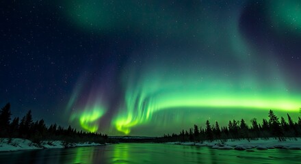 Northern Lights Dance Over Frozen River, Starry Night