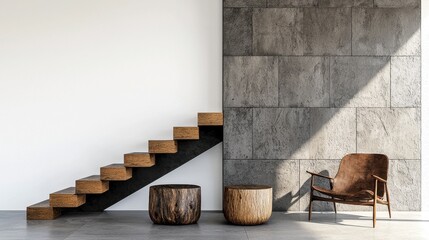 Minimalist Interior with Floating Wooden Staircase and Concrete Accent Wall and Brown Armchair