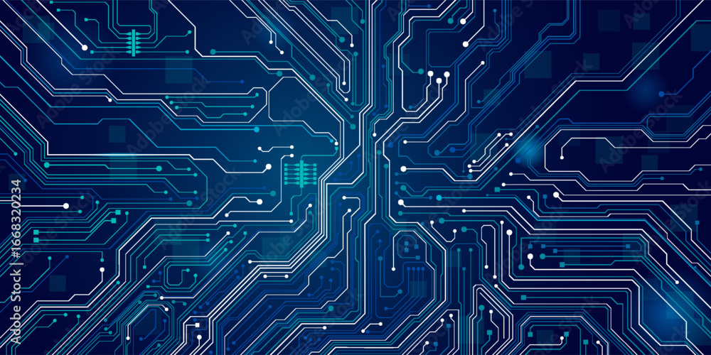 Poster ai innovation futuristic concept. technology blue background. on power blue button, and circuit boar