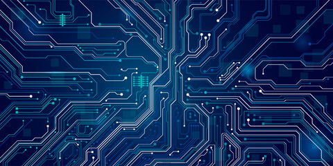 AI innovation futuristic concept. Technology blue background. ON Power blue button, and circuit board. Artificial intelligence and Machine Learning cover. For web and presentation bg.