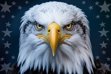 Fototapeta premium Close up of a bald eagle s face with stars in the background