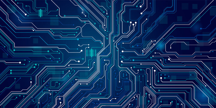 AI innovation futuristic concept. Technology blue background. ON Power blue button, and circuit board. Artificial intelligence and Machine Learning cover. For web and presentation bg.