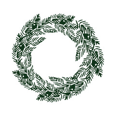 Christmas wreath of fir branches illustration. Round frame of coniferous branches. Monochrome outline vector drawing in green color. Graphic illustration for New Year design, weddings, labels, cards
