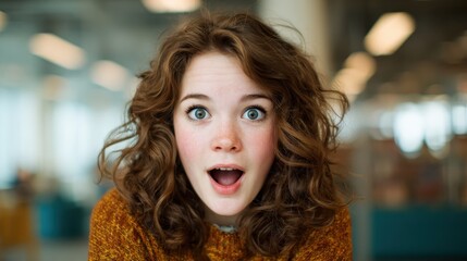 A young woman with curly hair shows a joyful expression of surprise, perfectly capturing the essence of excitement and spontaneity in a candid moment.