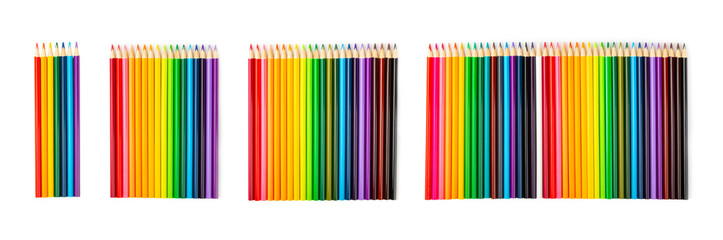 Colored pencils isolated on white background. Equipment for coloring. Stationery for...