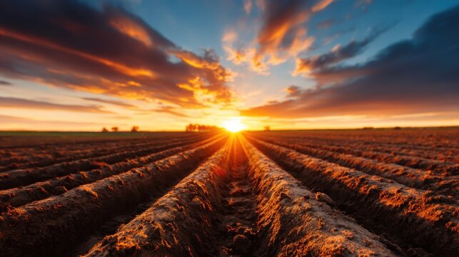 A breathtaking sunset paints the sky with vibrant hues as it sets over a plowed field, creating a stunning landscape that inspires peace and reflection. - Powered by Adobe