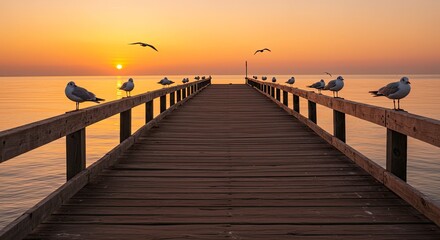 Pier at Sunset: Seagulls Perched, Golden Sky, Serene Coastal Scene