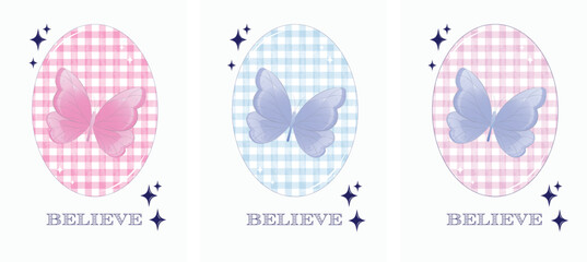 Butterfly illustrations set with text and grid pattern backgrounds. Believe. Vector
