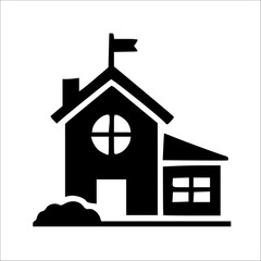 Simple black silhouette of a schoolhouse with flag, bushes, and windows.
