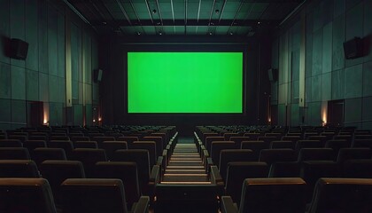 Fototapeta premium Empty theater with rows of seats facing a bright green screen. Ideal for virtual events, movie screenings, and digital presentations.