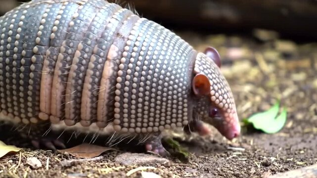 A ninebanded armadillo with its distinctive armored shell sniffs the ground in a natural setting with fallen leaves and dirt