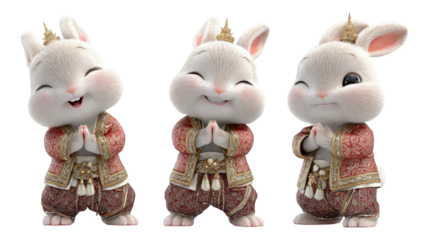 Three fluffy cartoon rabbits in traditional Thai costumes golden crowns performing a Wai gesture with happy expressions transparent background