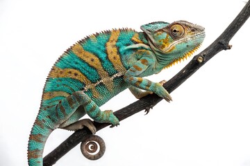 Obraz premium A colorful chameleon perched on a branch with white background