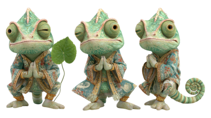 Three animated chameleons in ornate patterned robes hands clasped in greeting One holds a green leaf another with closed