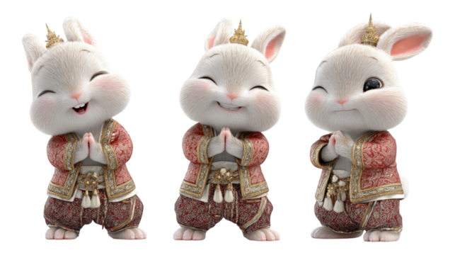 Three fluffy cartoon rabbits in traditional Thai costumes golden crowns performing a Wai gesture with happy expressions transparent background