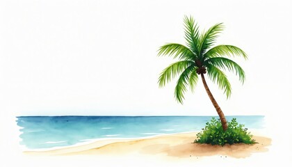 Obraz premium Watercolor illustration of solitary palm tree on tropical island beach with calm turquoise water, sandy shore. Hand-painted style evokes relaxation, vacation vibes, perfect for summer travel themes.