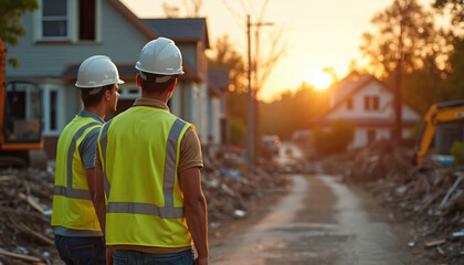 Two construction workers in yellow safety vests observe neighborhood devastated by hurricane. Debris litters street, with homes showing significant damage. Team prepares for rebuilding efforts,