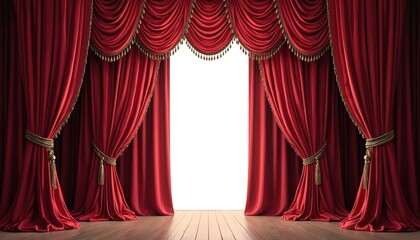 Set of luxury red silk velvet curtains with decorative gold tassels, cords. Textile drapes for theater, cinema, opera, event decor. Open, closed styles shown, providing elegant backdrop options for