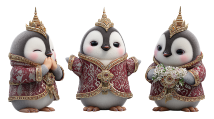 Cute baby penguins in traditional Thai robes and golden crowns One gestures wai one holds flowers one stands posing
