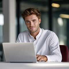 Fototapeta premium Young man with brown hair wearing white shirt working on laptop in modern office, confident and focused expression