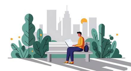 Young Man Working on Laptop Outdoors in City Park, Highlighting Remote Work Flexibility and Urban Productivity