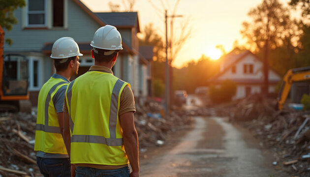 Two construction workers in yellow safety vests observe neighborhood devastated by hurricane. Debris litters street, with homes showing significant damage. Team prepares for rebuilding efforts,