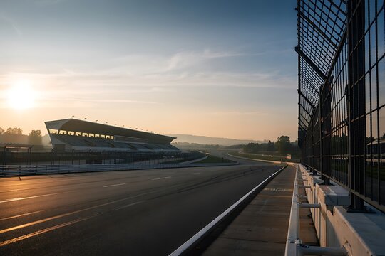A serene race track at sunrise or sunset with a large grandstand in view