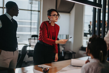 A diverse group of business coworkers is actively brainstorming a project together. The modern...