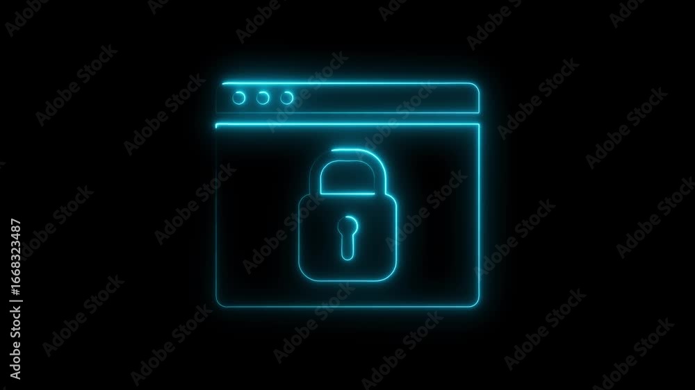 Poster digital security animation featuring a neon glowing lock inside of a browser window.