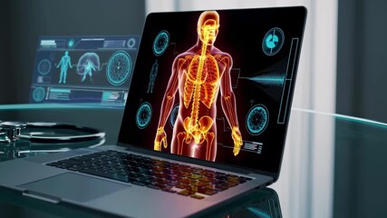 Human skeleton with bright nerves on laptop screen. Health technology processes data. Science uses virtual system to explore human body health, digital analysis enables data research. - Powered by Adobe