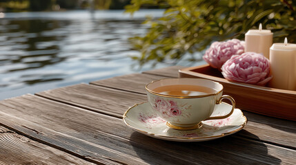 Tea cup with floral pattern on wooden dock by lake, surrounded by candles and flowers, peaceful outdoor relaxation scene