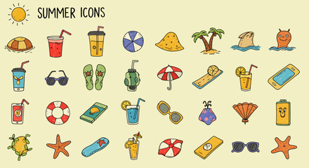 collection of colorful cartoon-style summer icons