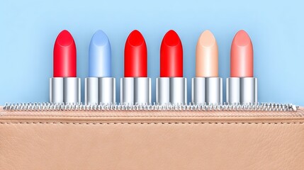 Vibrant collection of lipsticks in various shades displayed in a stylish cosmetic pouch against a soft blue background, showcasing beauty and fashion essentials for makeup lovers