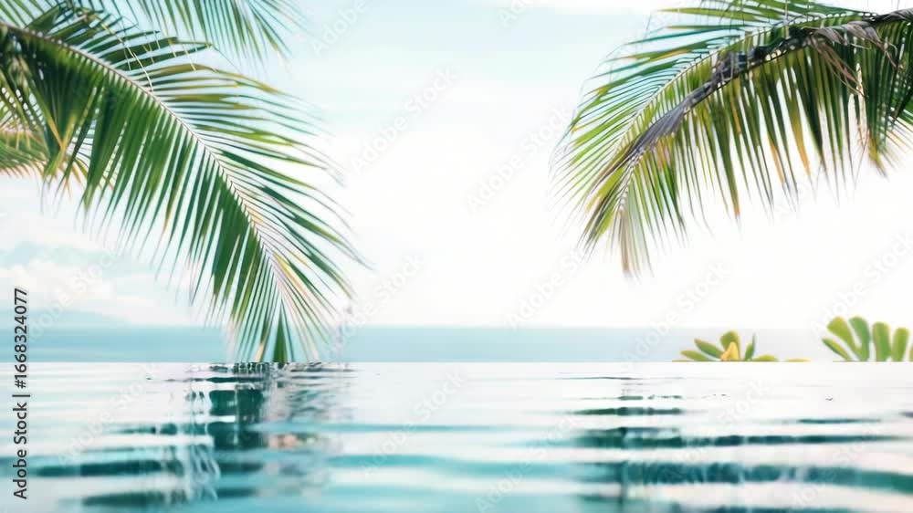 Poster a serene pool scene with palm trees and ocean views, perfect for relaxation and summer vibes