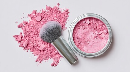Pink cosmetic powder in a round container with a makeup brush beside it, showcasing vibrant color and texture, ideal for beauty and skincare product promotion