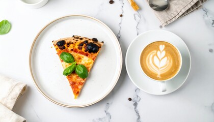 Pizza Slice with Basil and Latte Art on Marble Tabletop, Overhead View