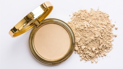 Compact powder makeup in a gold case, opened to reveal smooth surface, with loose powder scattered beside it, showcasing beauty product and cosmetic application