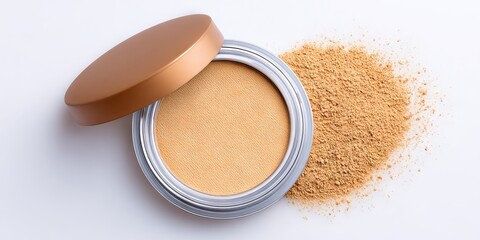 Compact powder makeup container with golden lid, showcasing smooth texture and spilled loose powder, ideal for beauty and cosmetic product photography, emphasizing elegance and style