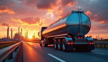 Rear view of large metal fuel tanker driving on highway towards oil refinery complex during sunset. Fast transportation of gasoline, diesel, crude oil. Industrial logistics, heavy haulage trucking