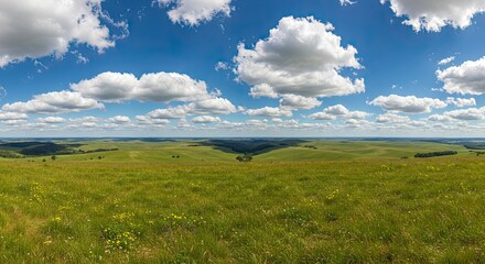 Obraz premium Rolling Green Hills Under a Vast Blue Sky with Fluffy Clouds Panorama