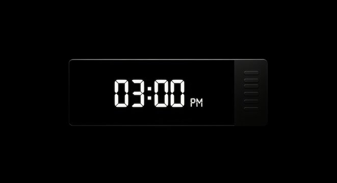 A digital clock displaying three o clock pm with a black background in a minimalist style image