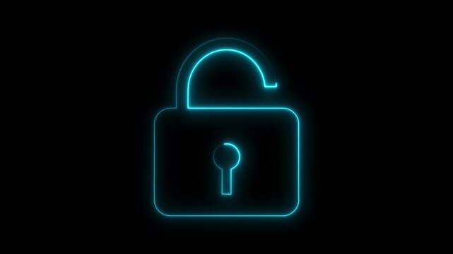 Glowing neon cyan unlocked padlock symbol against black background animation