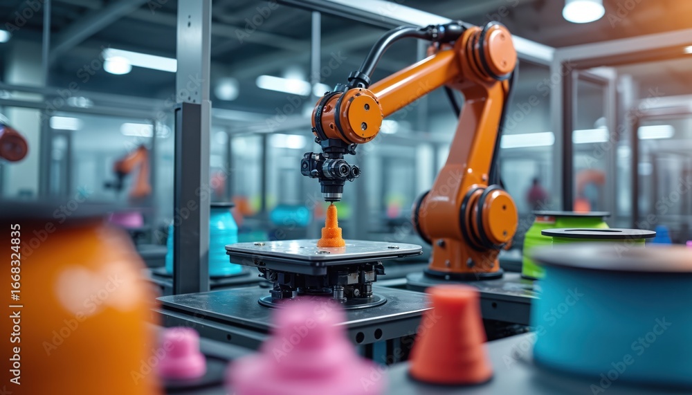 Poster industrial robotic arm operates within advanced 3d printing facility, handling spools of material. m