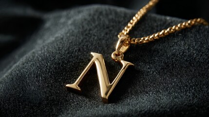 Close-up of a shiny gold letter 'N' pendant on a delicate chain, resting on a soft black fabric background.
